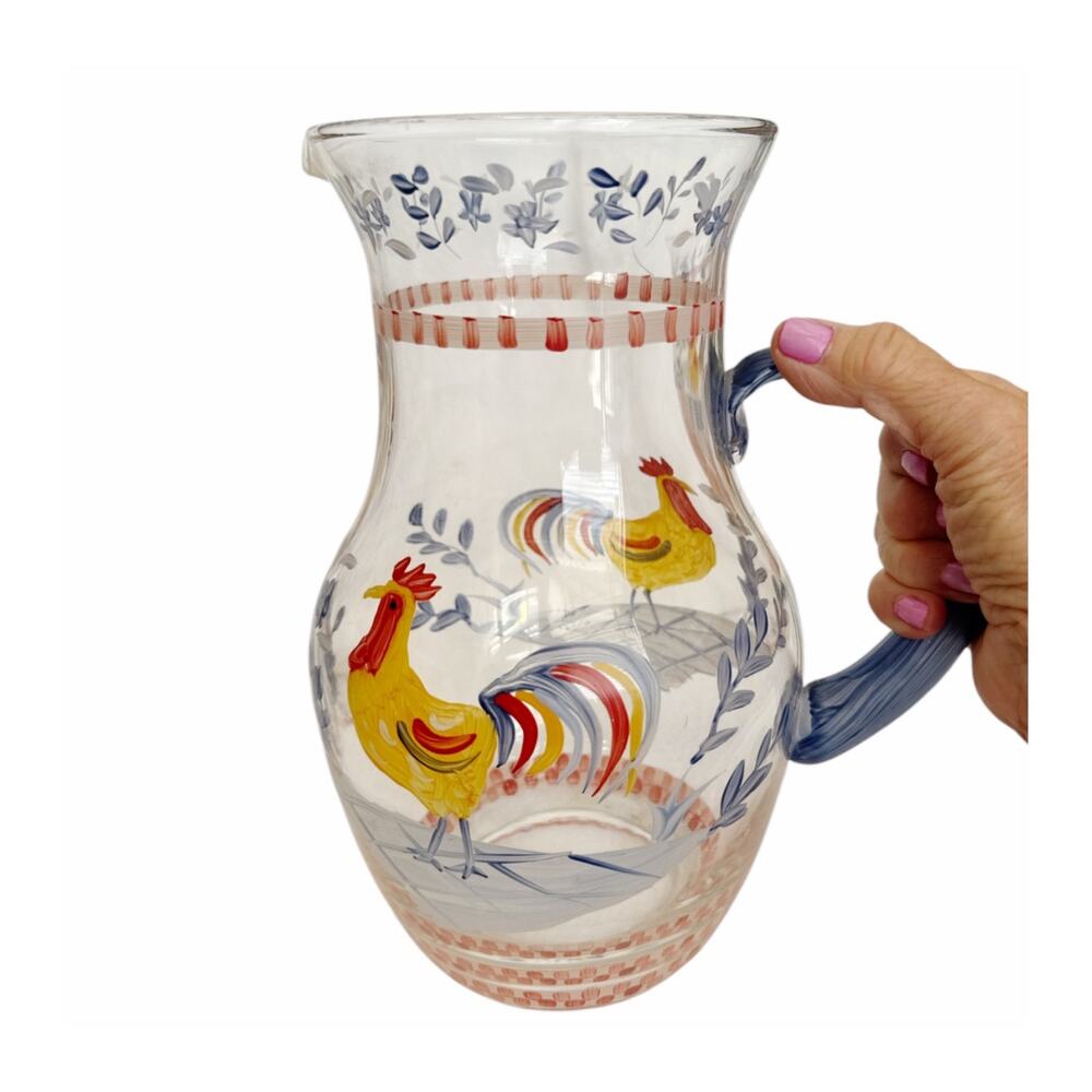 Hand Painted Rooster Glass Pitcher and 4 Glasses Set Cottage Farm Core - Picture 9 of 10